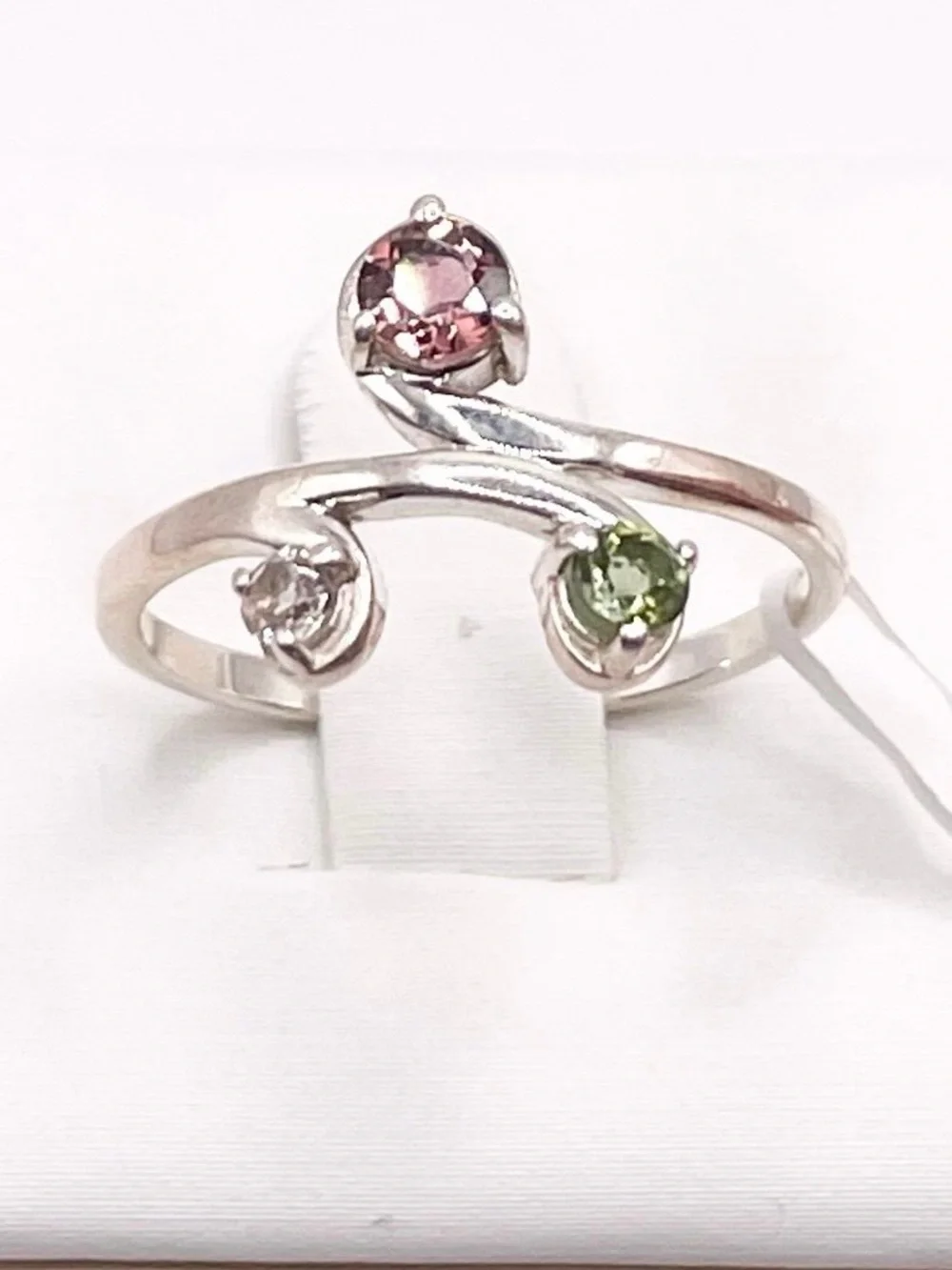 Size 7 Sterling Silver Ring with Pink, Green and White Tourmaline gemstones